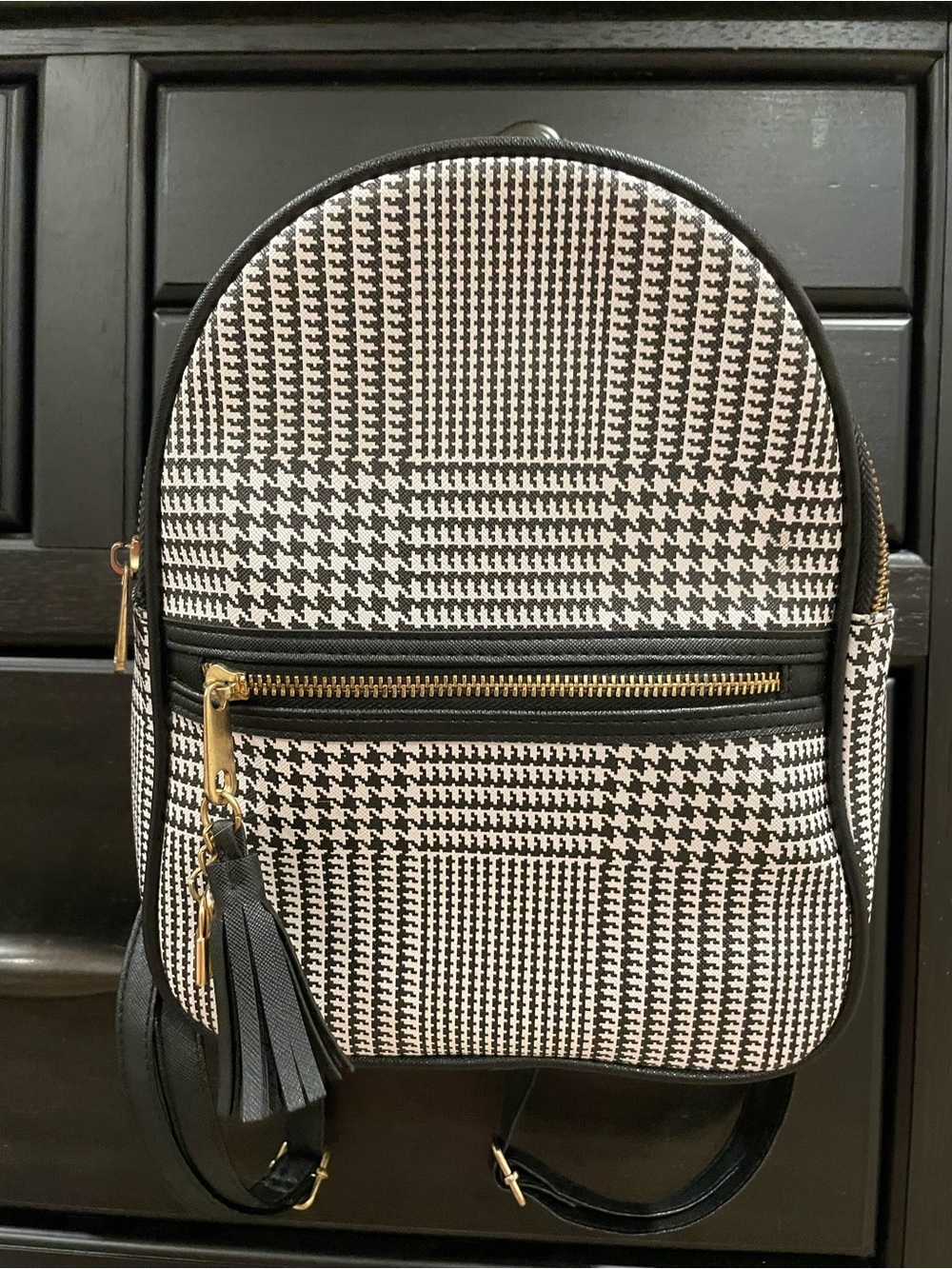 Claire's Black and White Houndstooth Mini Backpack with Tassel